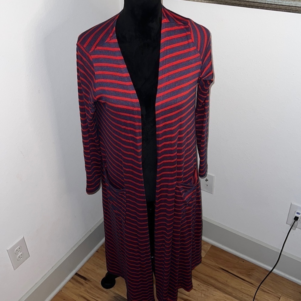 Lula Roe red blue striped Sarah long open‎ cardigan Sz S